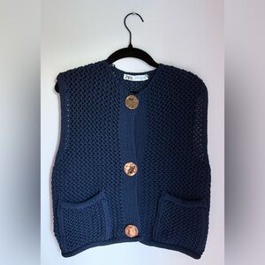 Zara Dark Blue Knit Vest with Gold Buttons